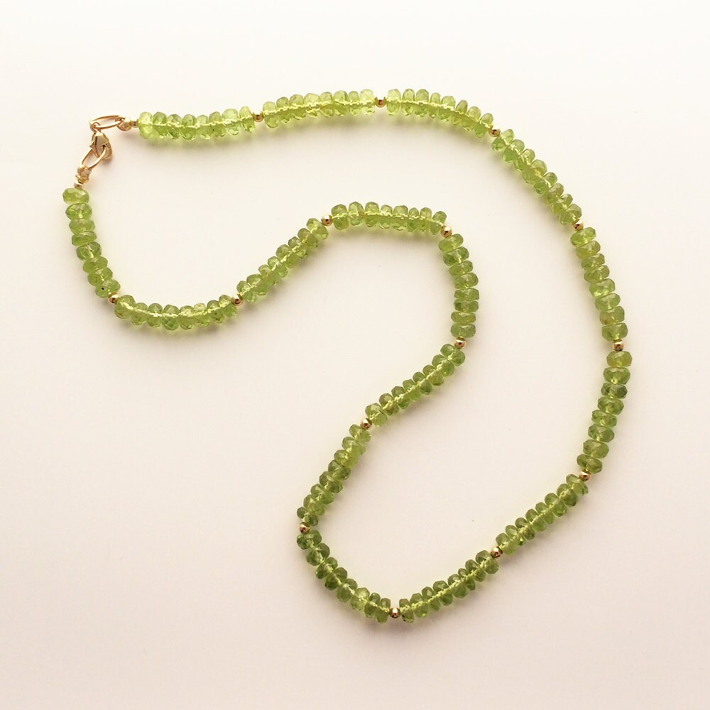 Peridot Beaded Necklace with 14k Gold Accents Handmade in