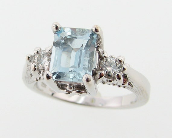 Sterling Silver Old Paris Ring Aquamarine and Moissanite