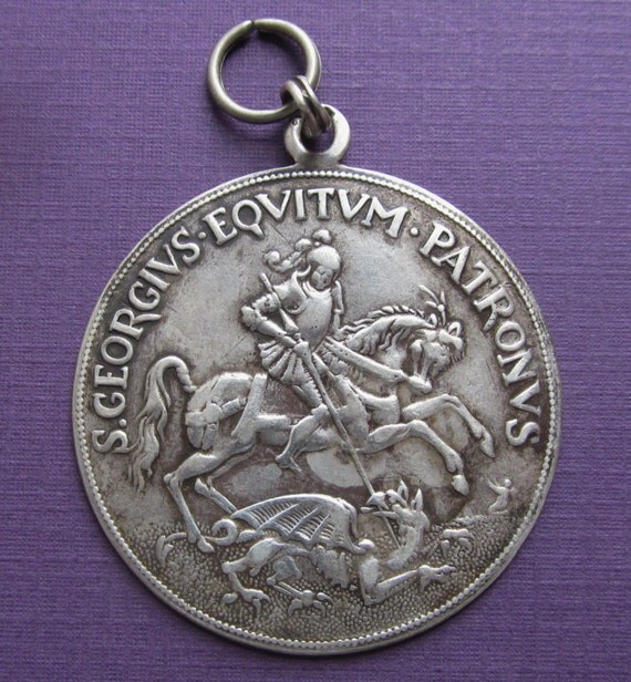 Saint George Religious Medal Silver Antique Slaying The Dragon