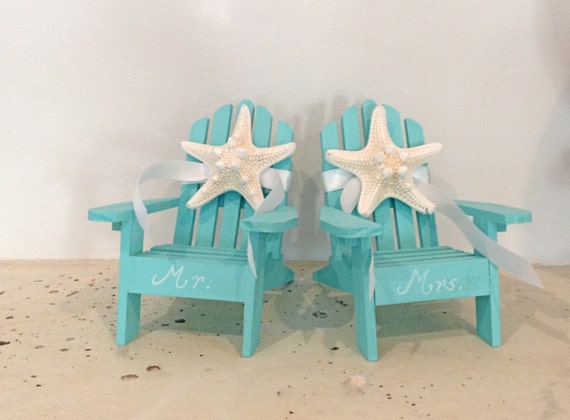 Wedding Cake Topper - 2 Mini Adirondack Chairs with Starfish - 6 Chair 