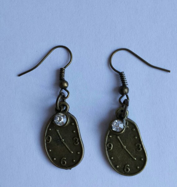 Brass Melting Clock Earrings With Crystal Embellishment