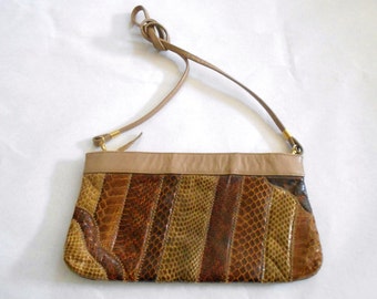 Vintage Leather and Reptile Skin patchwork Shoulder Bag Clutch Purse Pocketbook Brown and TAN