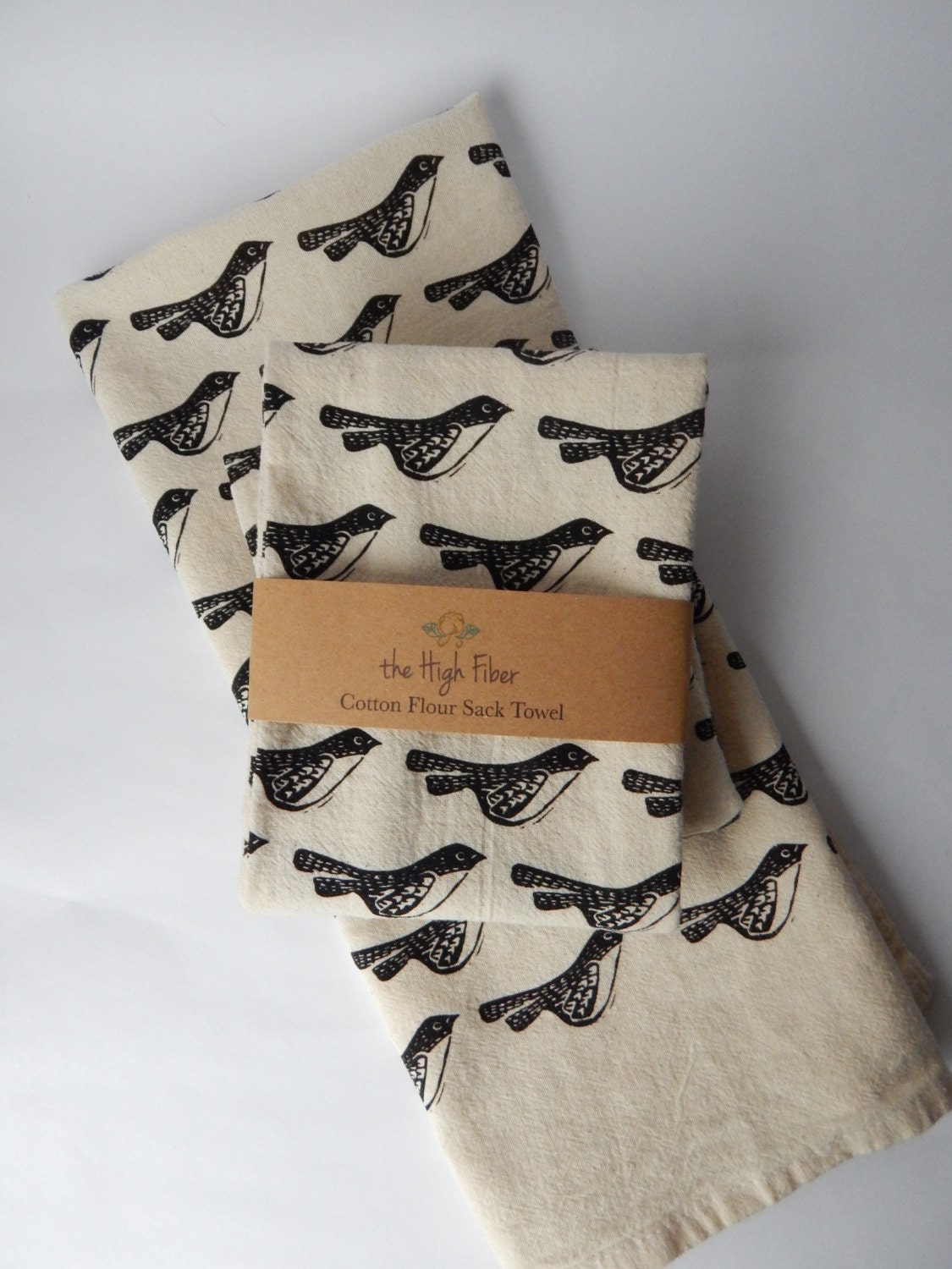 Kitchen Towel Hand Printed Black Birds Natural Cotton