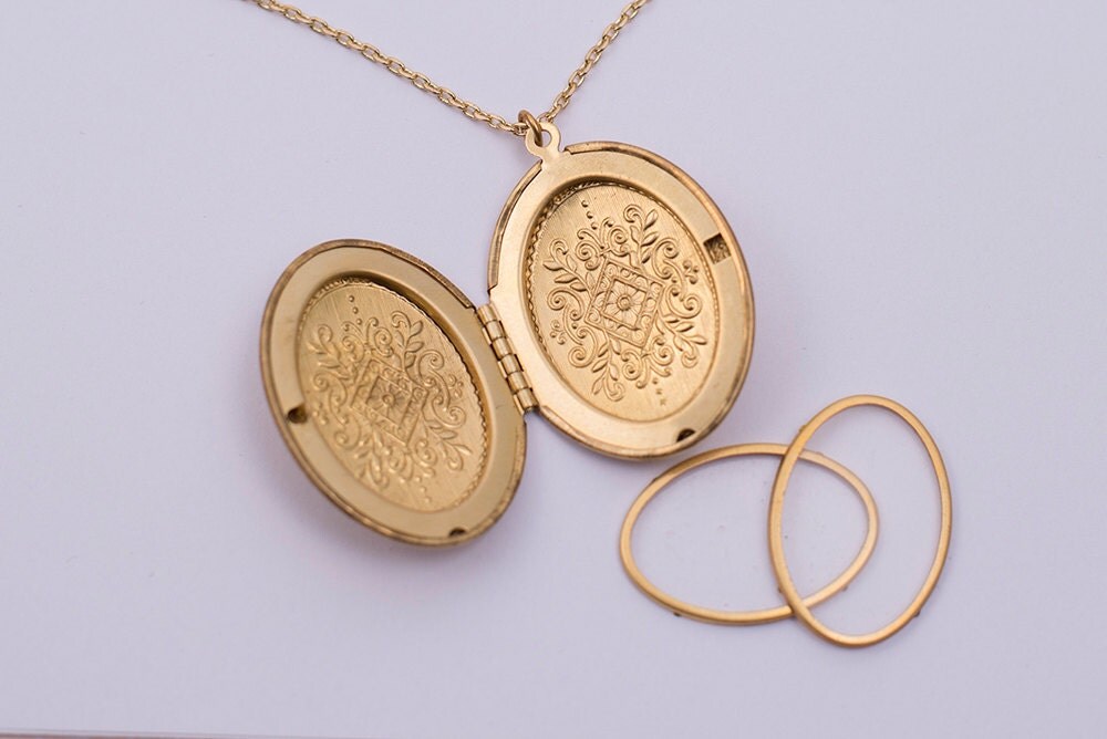 Large Gold Locket Necklace with Floral Crest Reversible