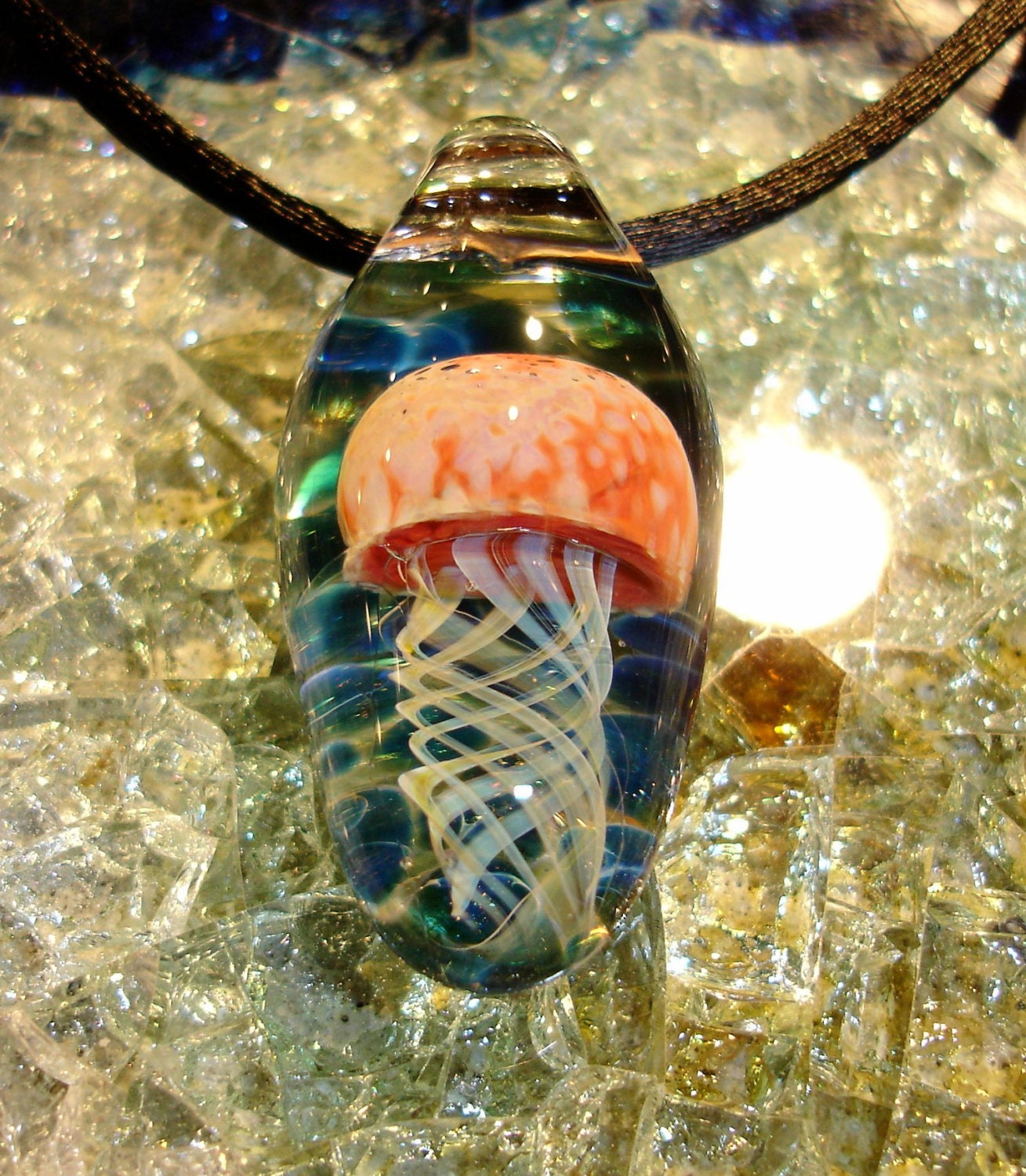 Glass Jellyfish Pendant Necklace Lampwork Focal by JHillsGlassArt