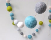 Felt Ball Garland - Summer Field garland in serene blues, greens grey white - 7 ft long - sweet garland for wedding baby shower nursery