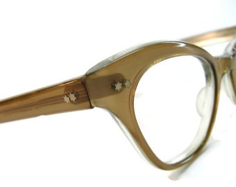 Vintage Tan HornedRim Cateye Eyeglasses Eyewear Frame NOS