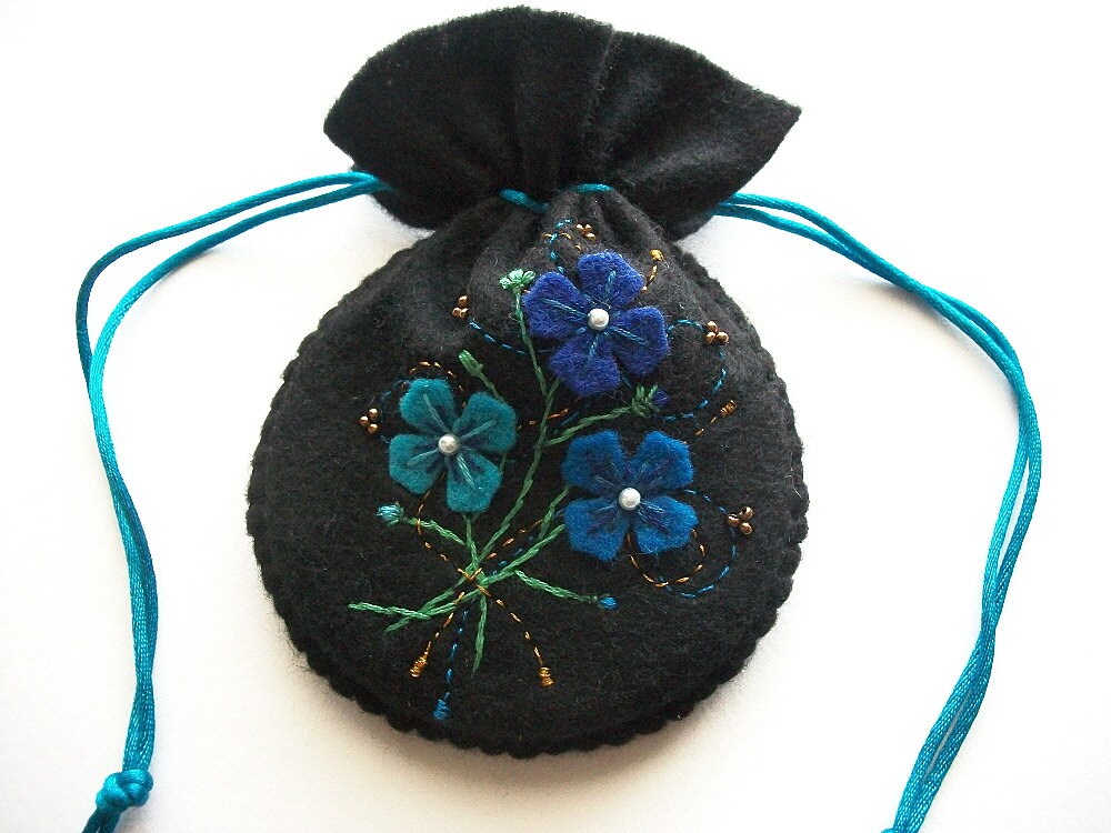 Drawstring Bag Black Felt Gift Bag or Compact Pouch with