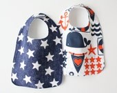 Set of Two Summer Bibs - Fourth of July Bibs - Baby Bibs for Boys - Sailing and Stars Whale Bib - Summer Bunting - Baby Shower Gift