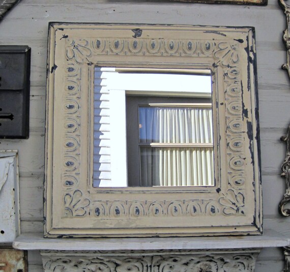 Rustic mirror. 2x2 Framed ANTIQUE Ceiling Tin Tile Mirror.