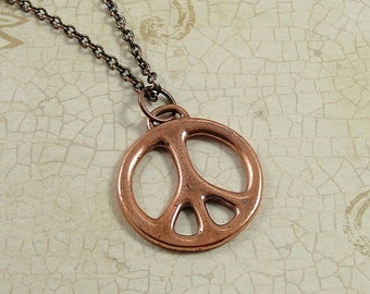 Peace Sign Necklace, Antique Copper Peace Sign Pendant on a Copper Cable Chain