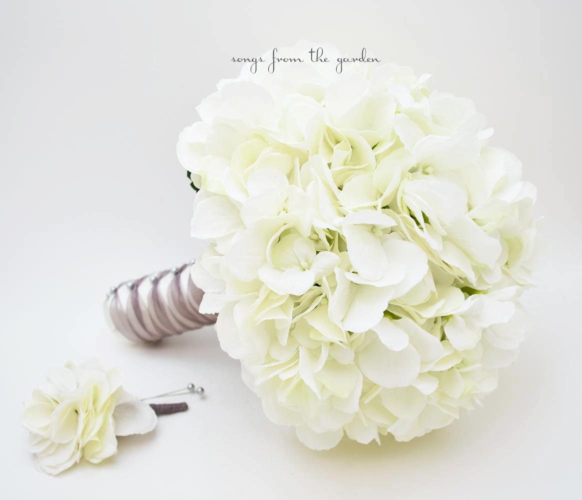 Wedding Bouquet White Silk Hydrangea Groom's Boutonniere