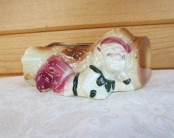 Pixie Elf with Log Small Ceramic Figural Vintage Planter