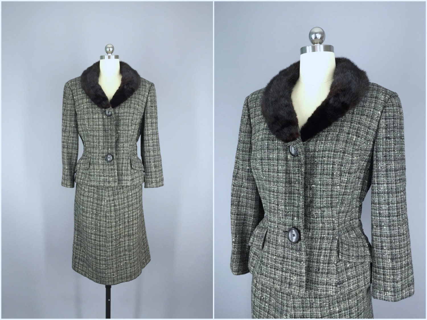 Vintage 1950s Suit / 50s Wool Tweed Suit with Fur Collar / 1960s Suit ...