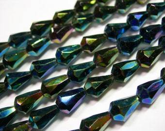25 Green Iris Czech Glass Faceted Teardrop Beads 10x7mm