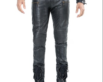 ICON JEANS Mens Black Jeans with Leather Stripes Monkey