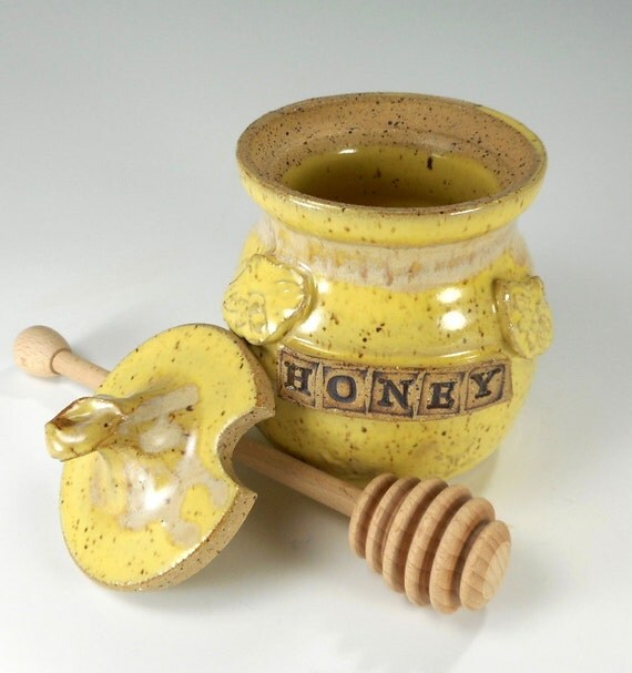 Ceramic honey dipper pot pottery honey jar with bees