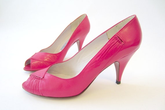 Items similar to Stunning pink peep toe high heels, vintage high heels ...