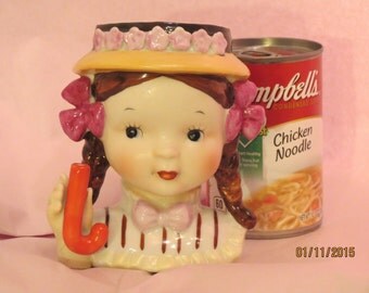 Ladies Head Vase 1960's Girl with Pigtails and umbrella holder