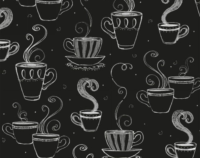 Blend by Fiona Stokes-Gilbert from Windham Fabrics -  Hot Coffee Dark Charcoal Gray Black Chalkboard Look Coffee Cups