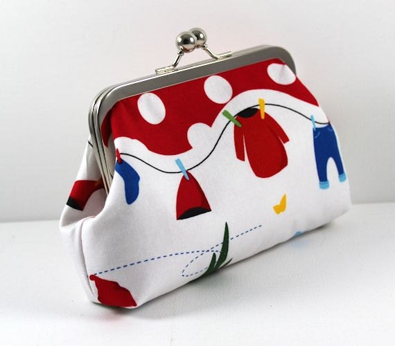 red and white clutch bag