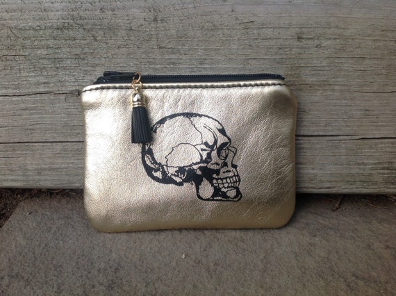 Skull Pouch Leather Pouch Gold Skull Skull Zip by VeronaBlack