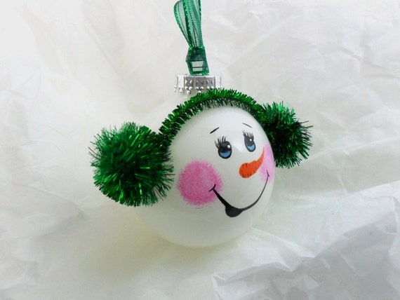 Items similar to Snowman Ornament Hand Painted Glass Green Ear Muffs on ...