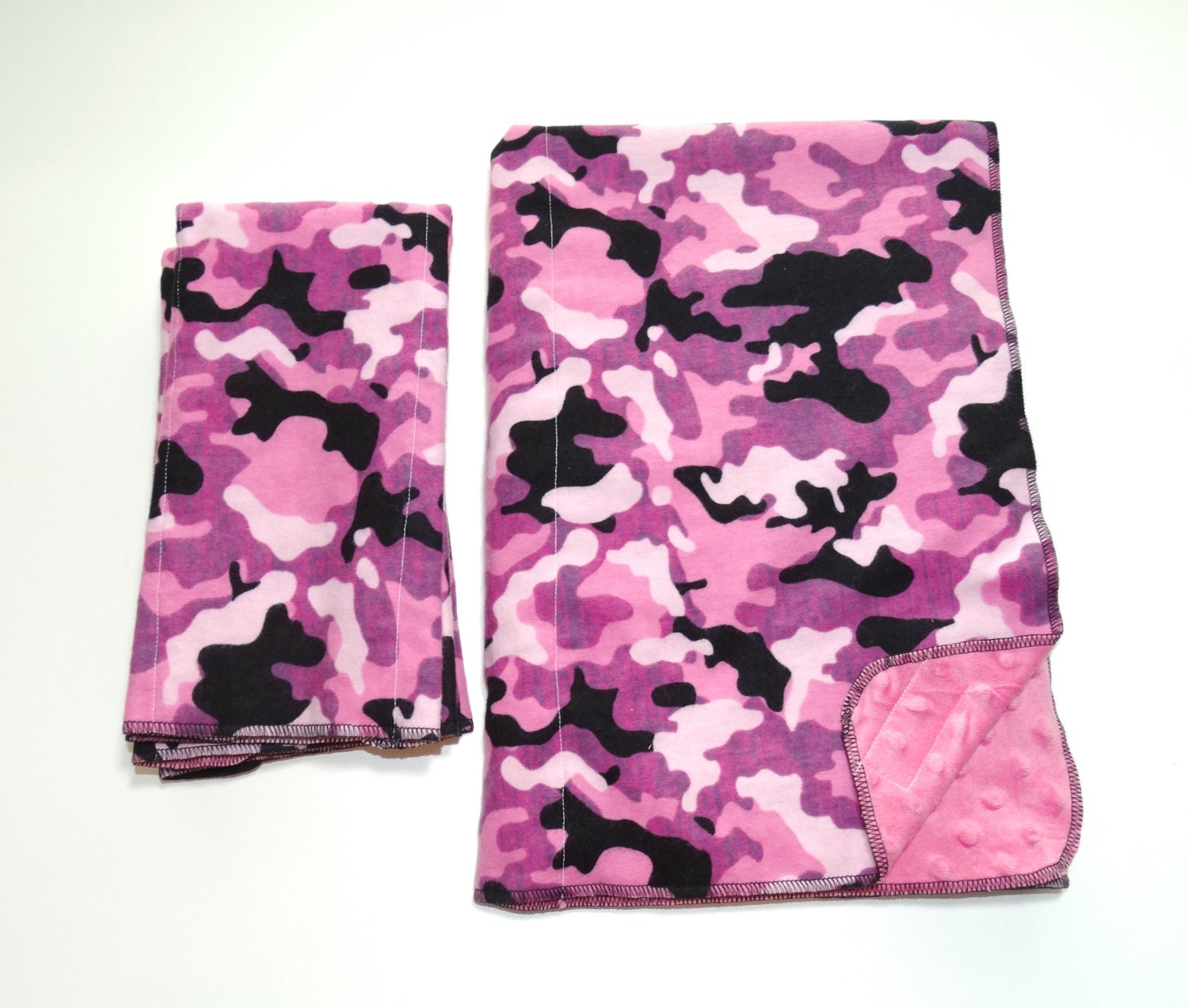Pink camouflage baby girl blanket and 3 matching burp cloths