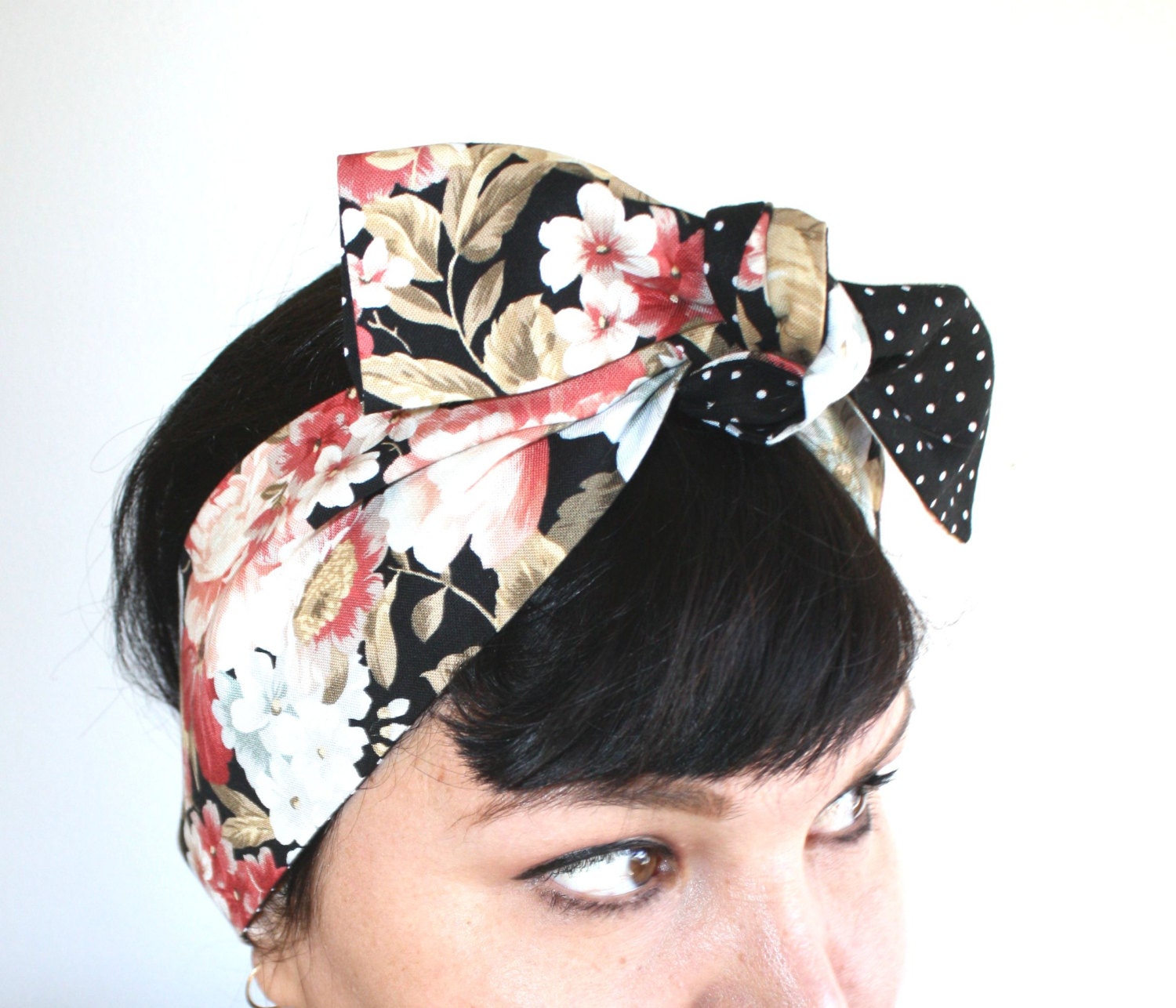 Vintage Inspired Headscarf Headwrap Black Floral Polka