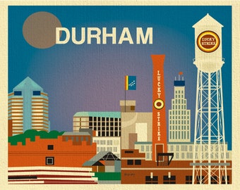 Durham Skyline Art Print, Durham Poster, North Carolina Art Print, Durham wall art, Durham NC Map, Loose Petals horizontal art - E8-O-DUR