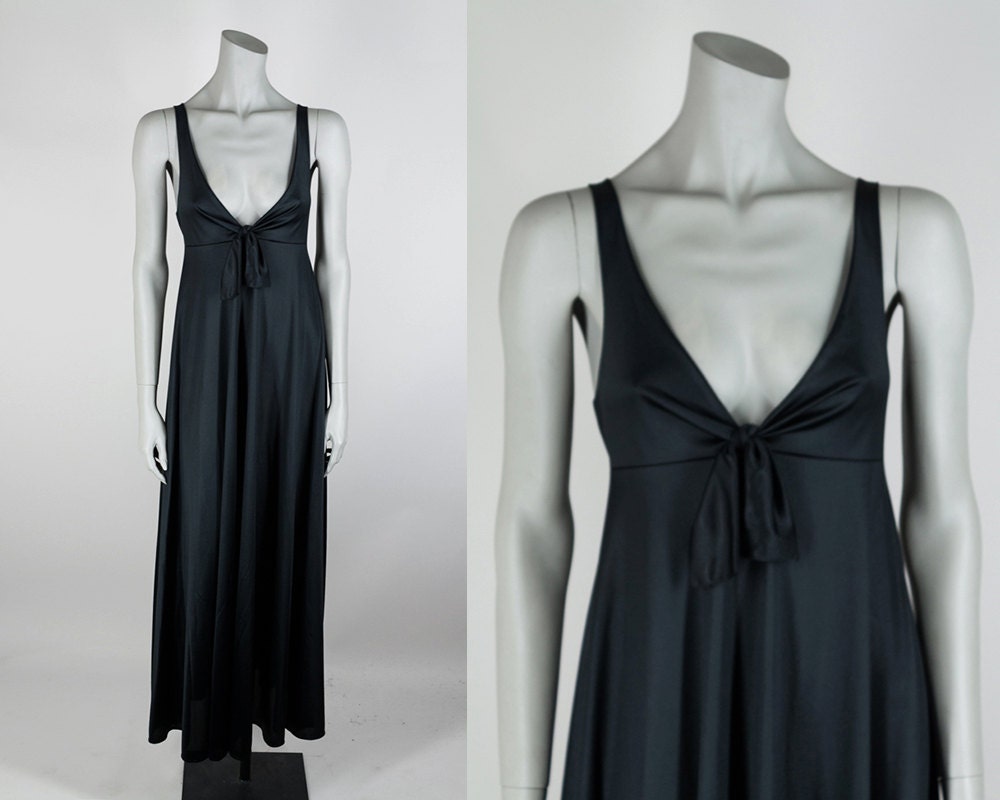 SALE Vintage 70s Nightgown / 1970s Black French Nylon Plunge