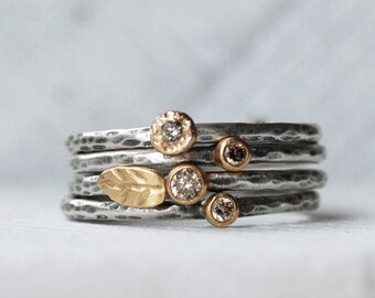 Tiny Diamond Leaf Ring Set - Natural brown Diamond 18k Gold and Silver Stack Rings - Set of 4 Diamond Stack Rings - Eco-Friendly Recycled
