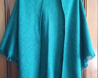 Vintage Wool and Silk Triangular Stole Shawl Fringe Green Made in British Crown Colony of Hong Kong
