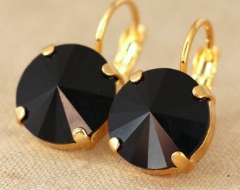 Black Earrings,Swarovski Black Gold earrings,Black Drop Earrings,Jet Black Dangle Earrings,Gift for Her,Gold Earrings,Black Drop Earrings