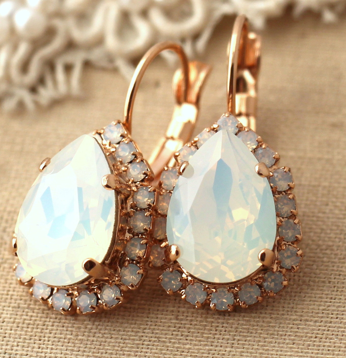 White Opal Rose Gold earrings White Opal Swarovski drop