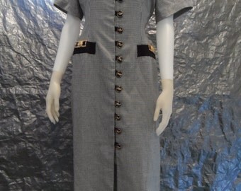 SALE Vintage Black & White Check Print 1980's Short Sleeve Secretary Dress M