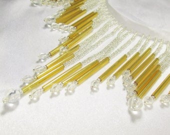 All Glass Silver, Gold and Clear Beaded Fringe - Elegant 5 inch long decorator trim
