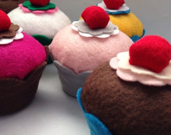 Felt Cupcake w/Cherry (Your Color Choice) - Photo Props, Birthday Parties, Play Food, Favors, Bakery, Pin Cushions, Gifts, Home Decor
