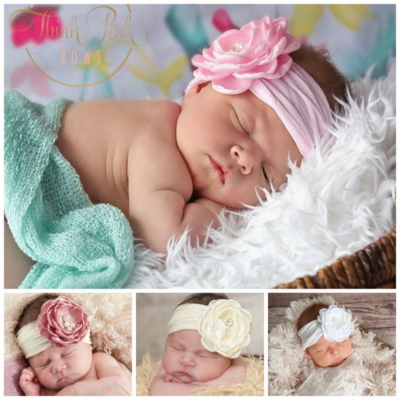 Baby headbands, Baby Headband, Newborn headband, Flower Headband, Pink Baby Headband, White baby headband, Baptism Christening Headband. by ThinkPinkBows