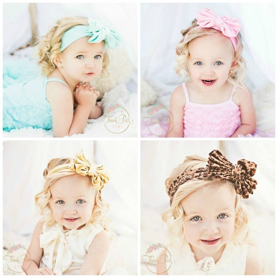 Baby Headbands, Girls Head wraps, Metallic Messy Bow Baby Head wraps, Jersey Knit Headwraps, Big Bow Baby Headbands,Gold Knott Headband, by ThinkPinkBows