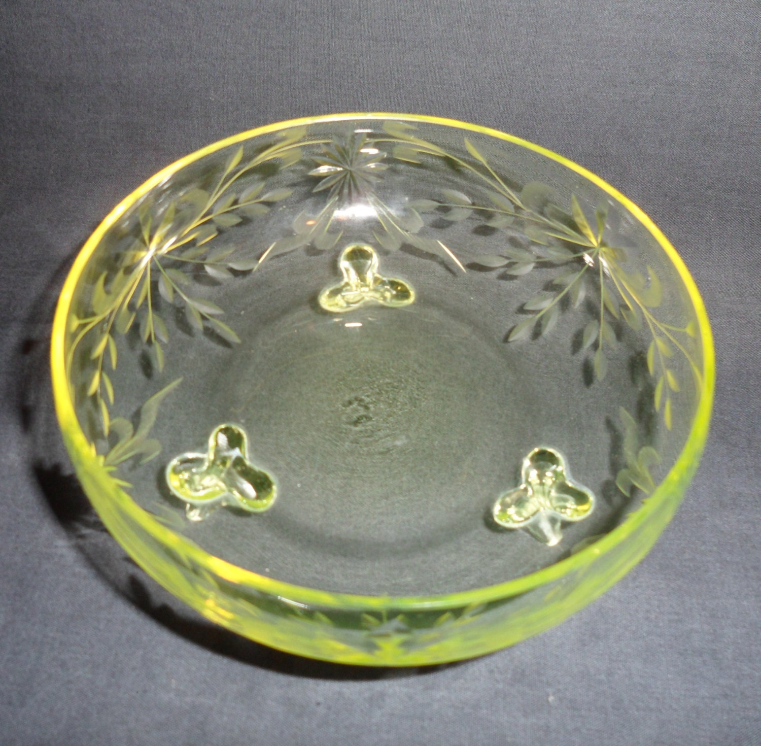 Vintage Uranium Yellow Vaseline Cut Glass footed Bowl by JleCROW