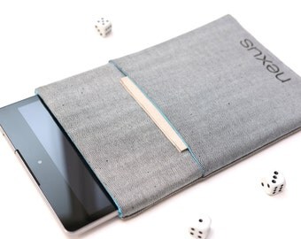 Nexus 9, Nexus 7 sleeve pouch case cover handmade light jeans and blue with pocket and black Nexus logo