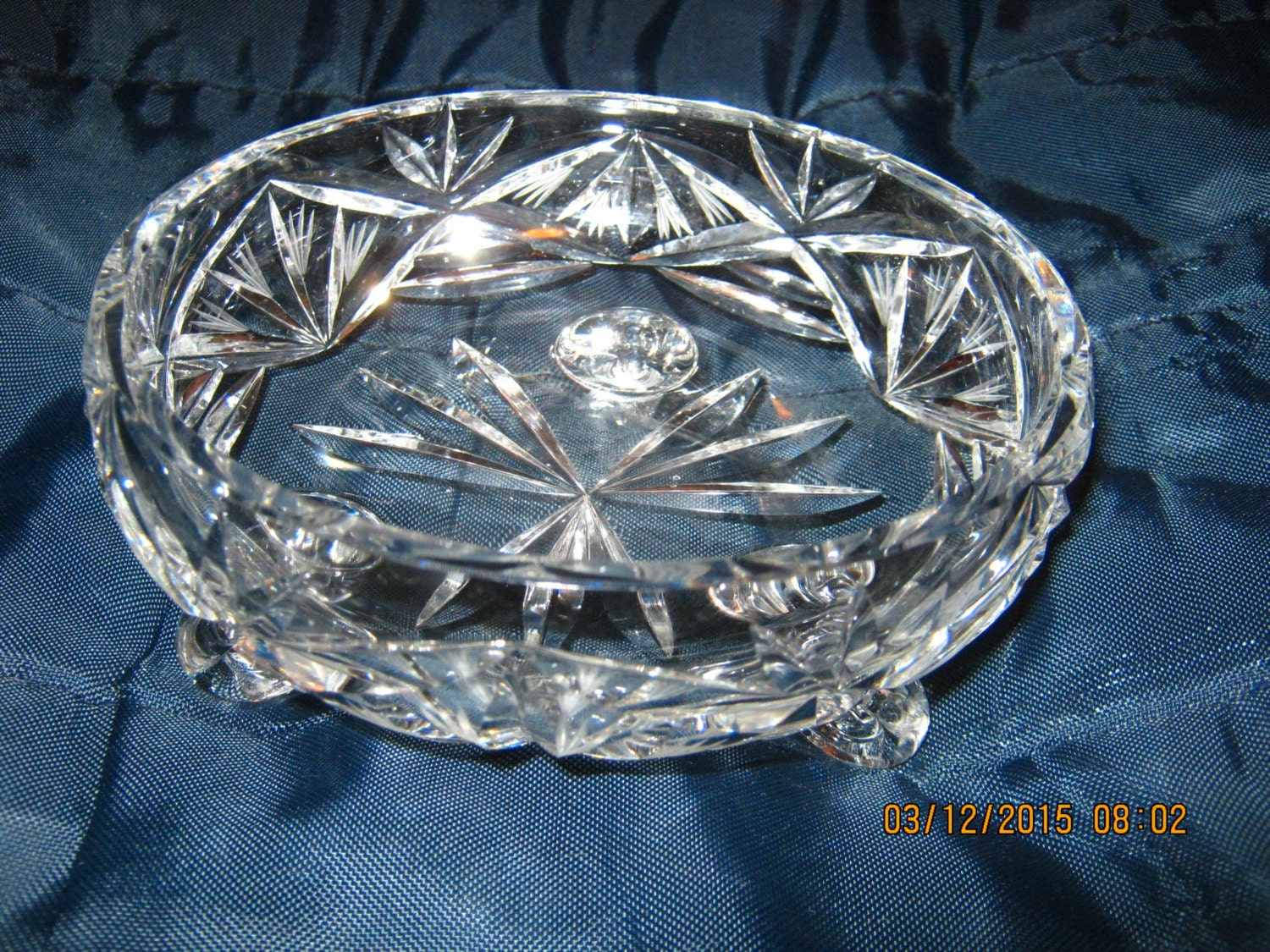 Vintage Lead Crystal Footed Candy Bowl Hand Etched Cut Star