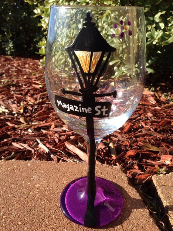 Magazine Street new orleans lamp post street signs Painted Glasses Dishwasher safe Painted Wineglass New Orleans Louisiana