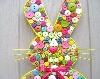 Easter Wreath, Button Easter Bunny Wall Hanging, Bunny Rabbit Wall Decor, Baby Decor, Button Wall Art, Nursery Decor, Childs Room Decor