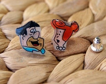 Fred Flintstone and Wilma Flintstone, Illustrated Hand-Made Stud Earrings