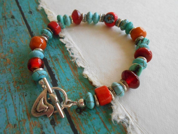 Boho Southwestern Hippie Turquoise Stacking Bracelet Turquoise Orange Glass Lampwork Beaded Stacking Bracelet Flower Child Beach Gems