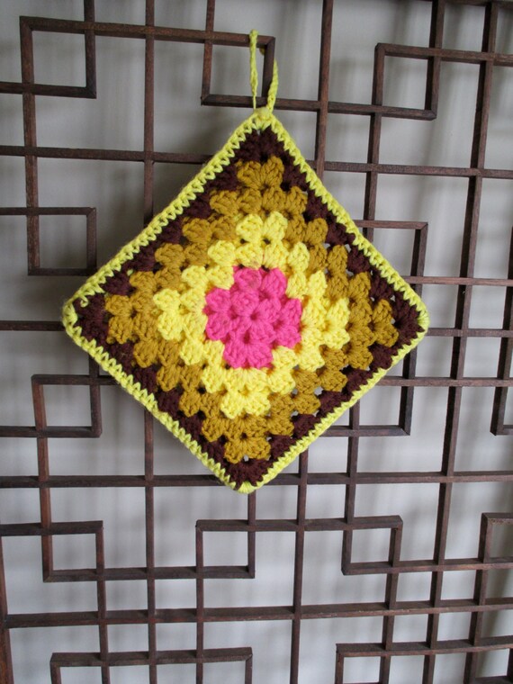 Vintage Crocheted Granny Square Pot Holder 9 inches