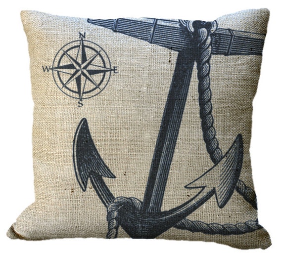 Burlap Navy or Red Nautical Anchor & Compass in choice of 14x14 16x16 18x18 20x20 22x22 24x24 26x26 inch Pillow Cover