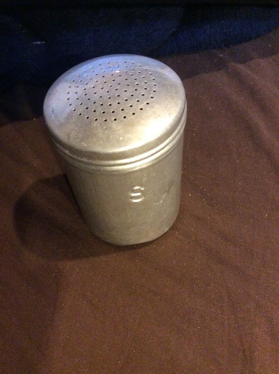 Aluminum metal salt shaker vintage lid and salt shaker marked